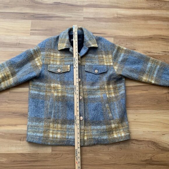 Zara Mix Blue Brown Plaid Shacket Button Long Sleeve Women’s Small Pockets - Picture 6 of 12